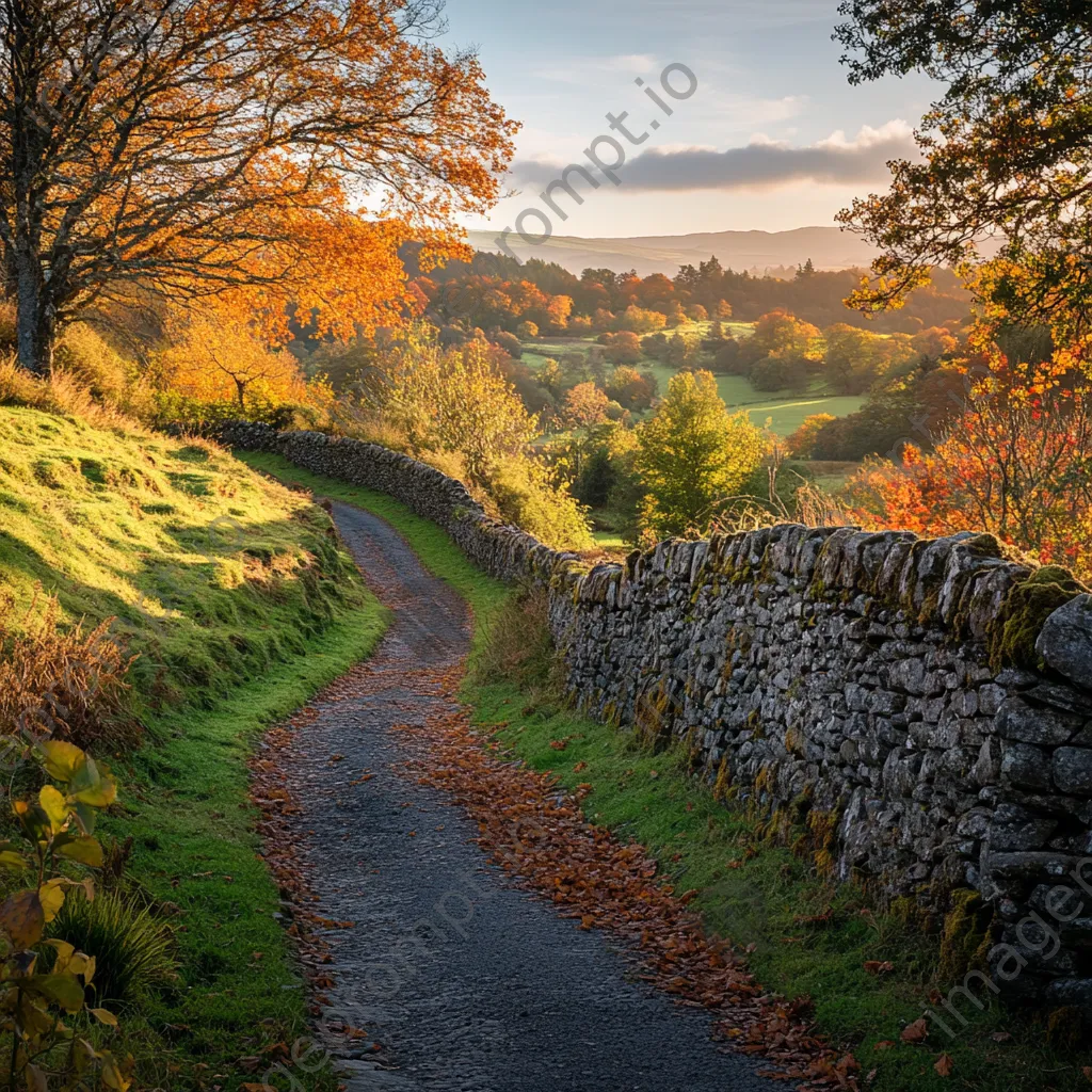 Dry stone wall surrounded by colorful autumn leaves on a hillside. - Image 4