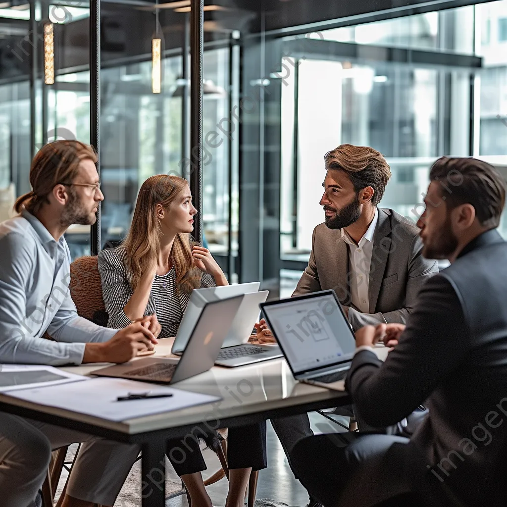 Group of professionals discussing strategies in a modern office - Image 1