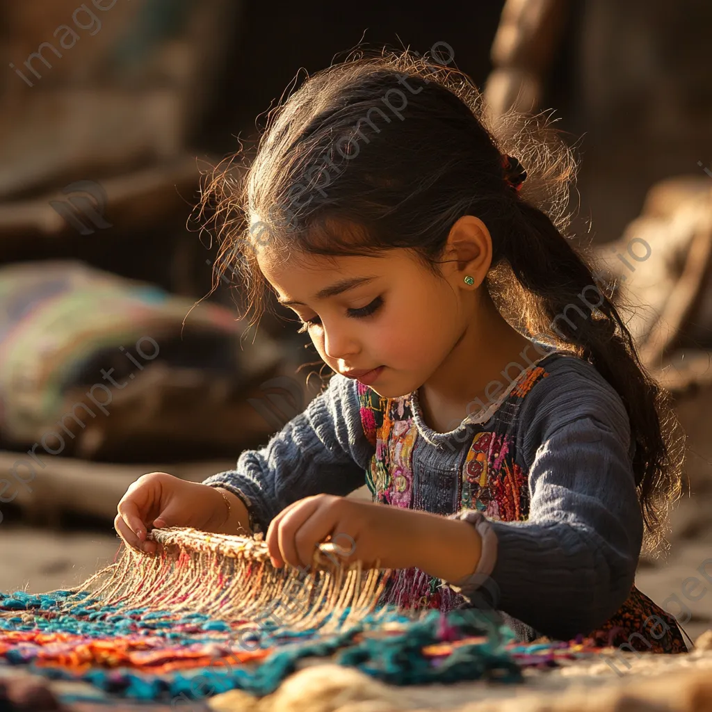 Girl weaving a small carpet with colorful threads. - Image 2