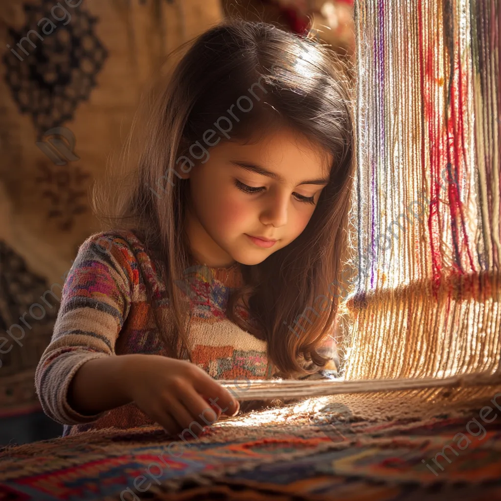 Girl weaving a small carpet with colorful threads. - Image 3