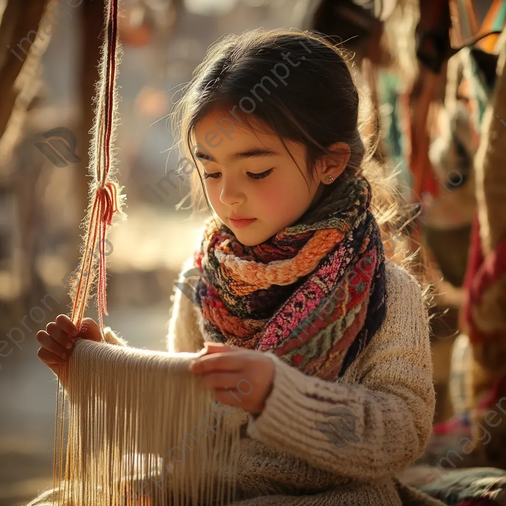 Girl weaving a small carpet with colorful threads. - Image 4