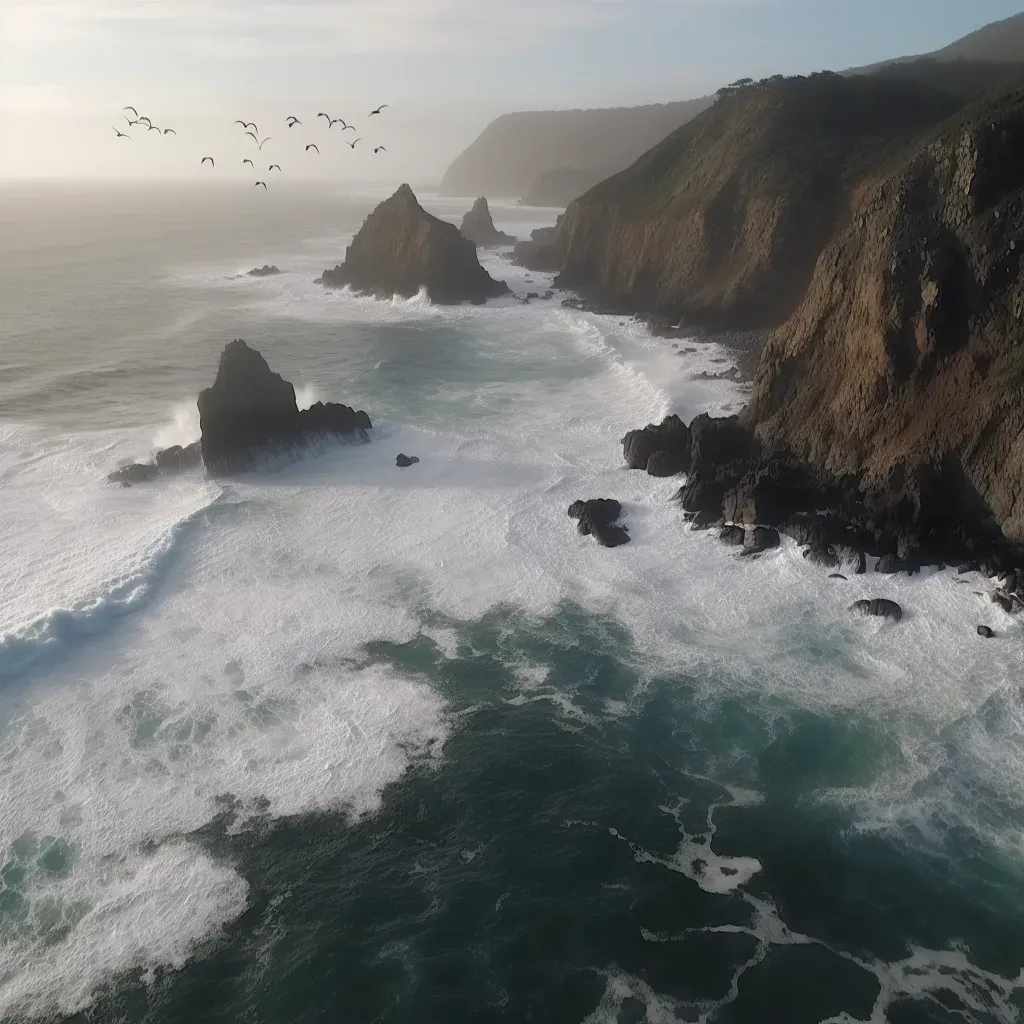 Aerial view of majestic sea cliffs with crashing waves and seabirds - Image 1