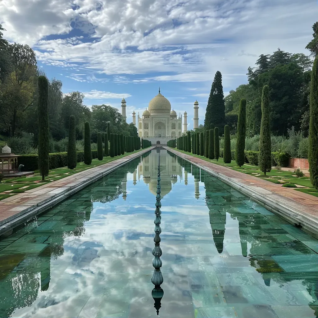 Taj Mahal reflecting in a pool with lush gardens - Image 1