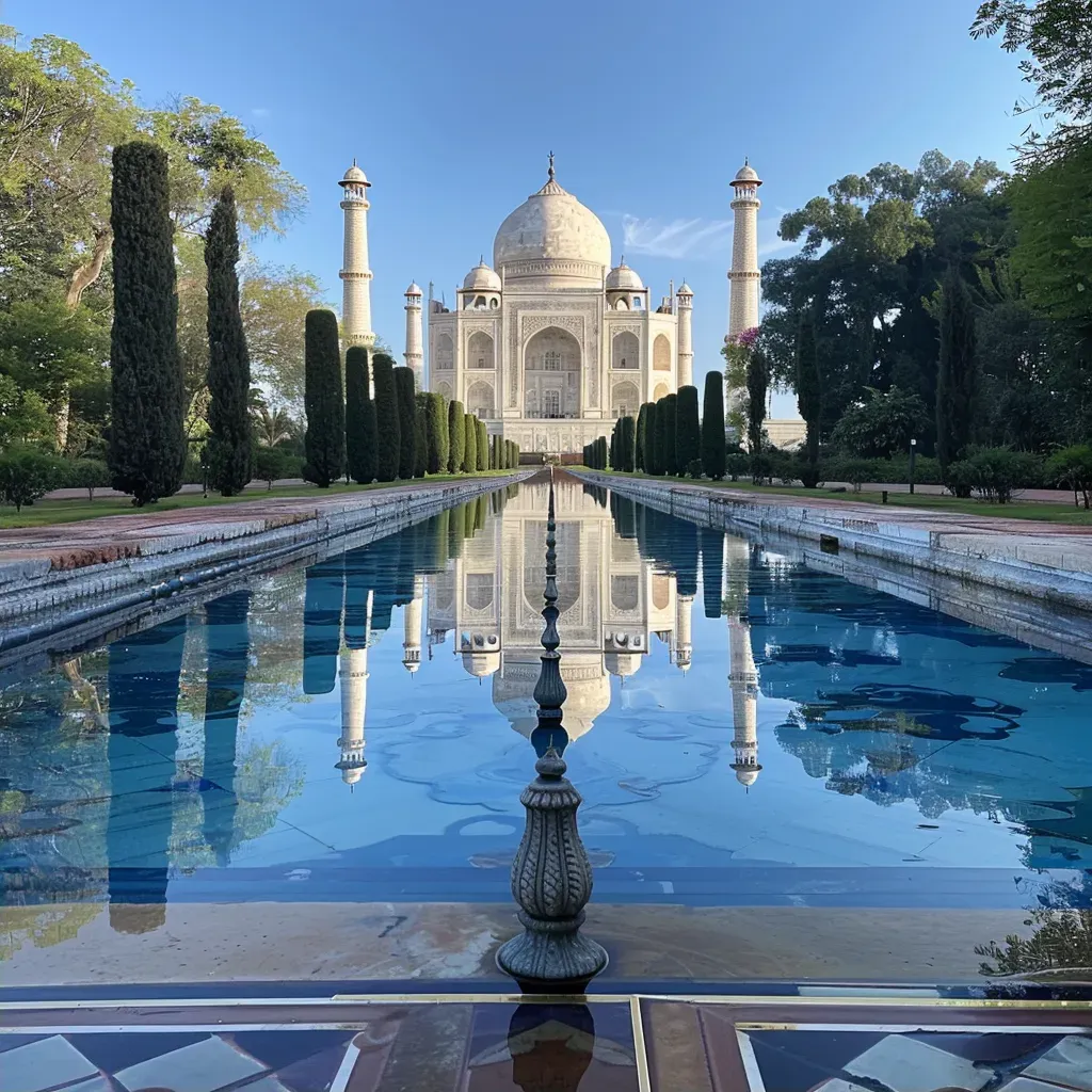 Taj Mahal reflecting in a pool with lush gardens - Image 2