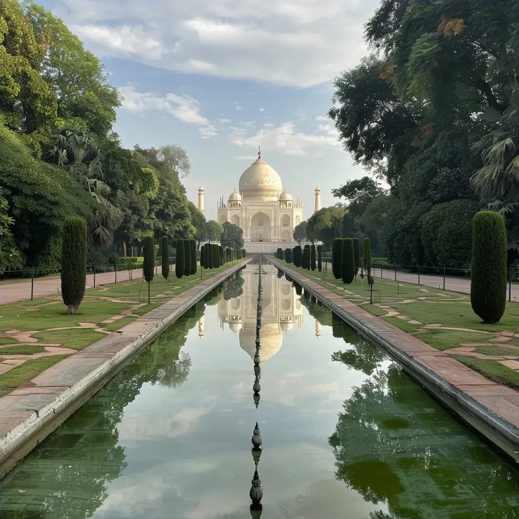 Taj Mahal reflecting in a pool with lush gardens - Image 4