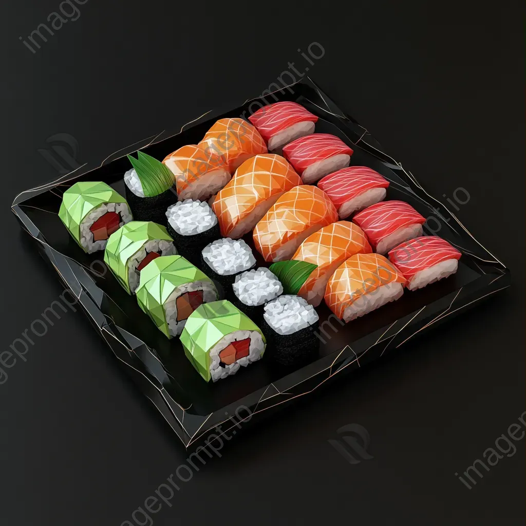 Japanese sushi platter represented in geometric, low poly style with vibrant colors - Image 1