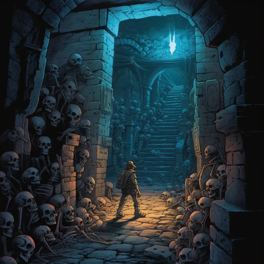 Explorer in an ancient eerie catacomb lit by torchlight - Image 1