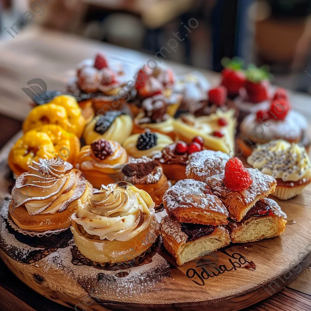 Assorted mini pastries on wooden platter - Image 3