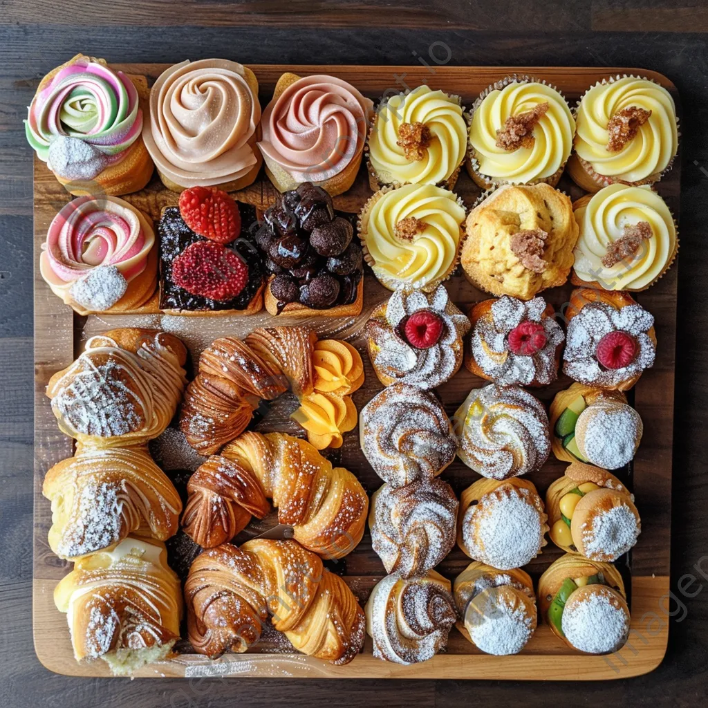 Assorted mini pastries on wooden platter - Image 4