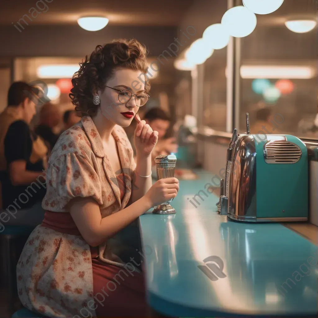 Portrait of a young woman in retro dress at diner counter with milkshake - Image 1