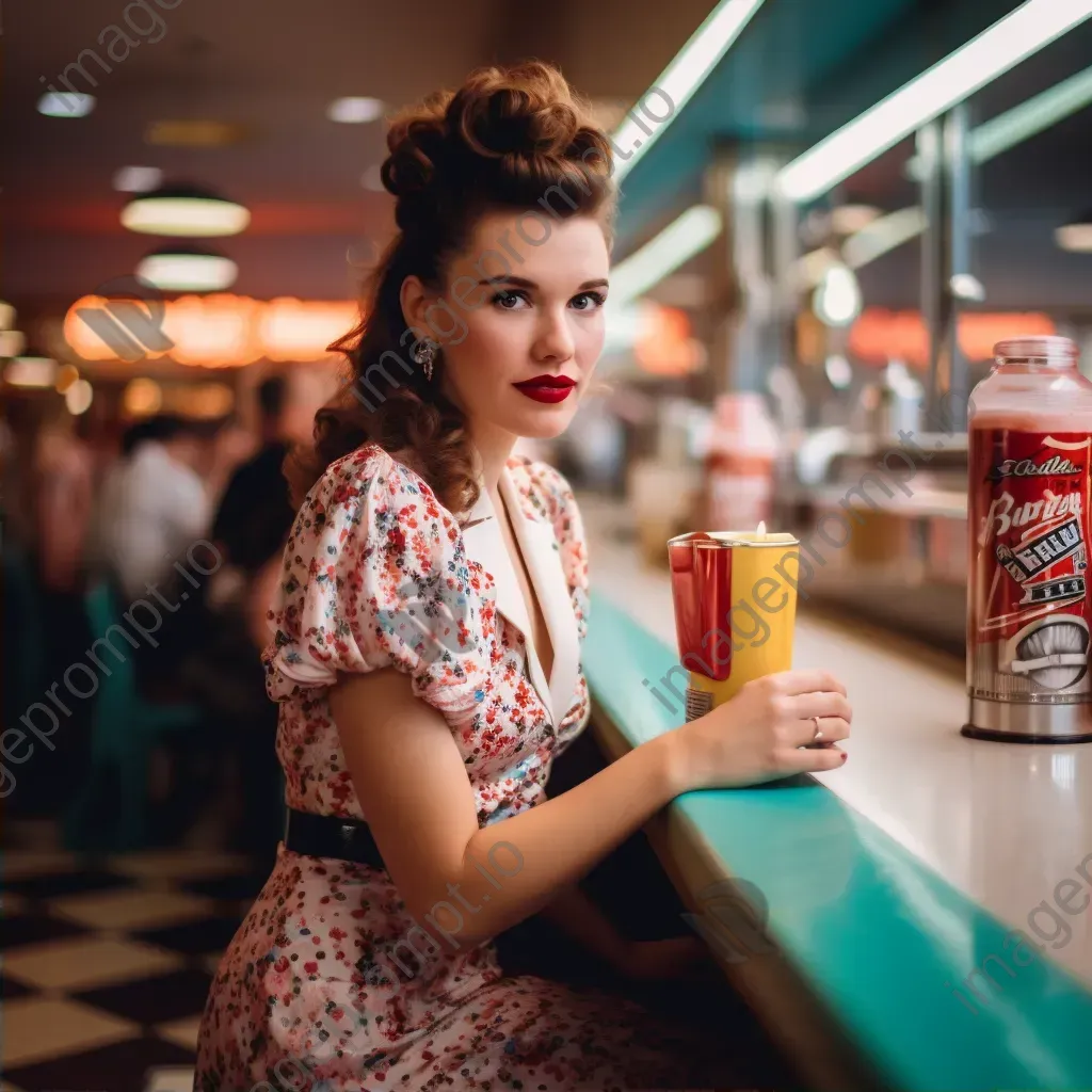 Portrait of a young woman in retro dress at diner counter with milkshake - Image 2