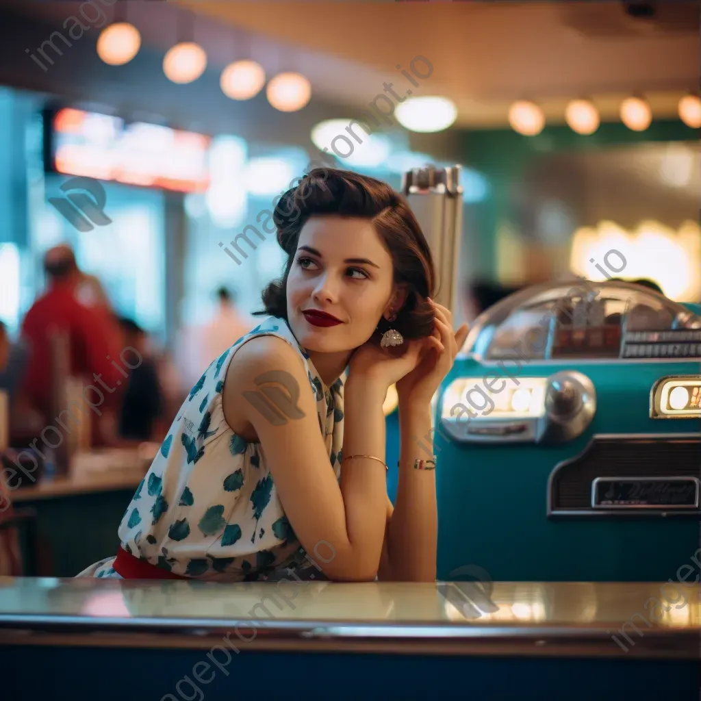 Portrait of a young woman in retro dress at diner counter with milkshake - Image 3