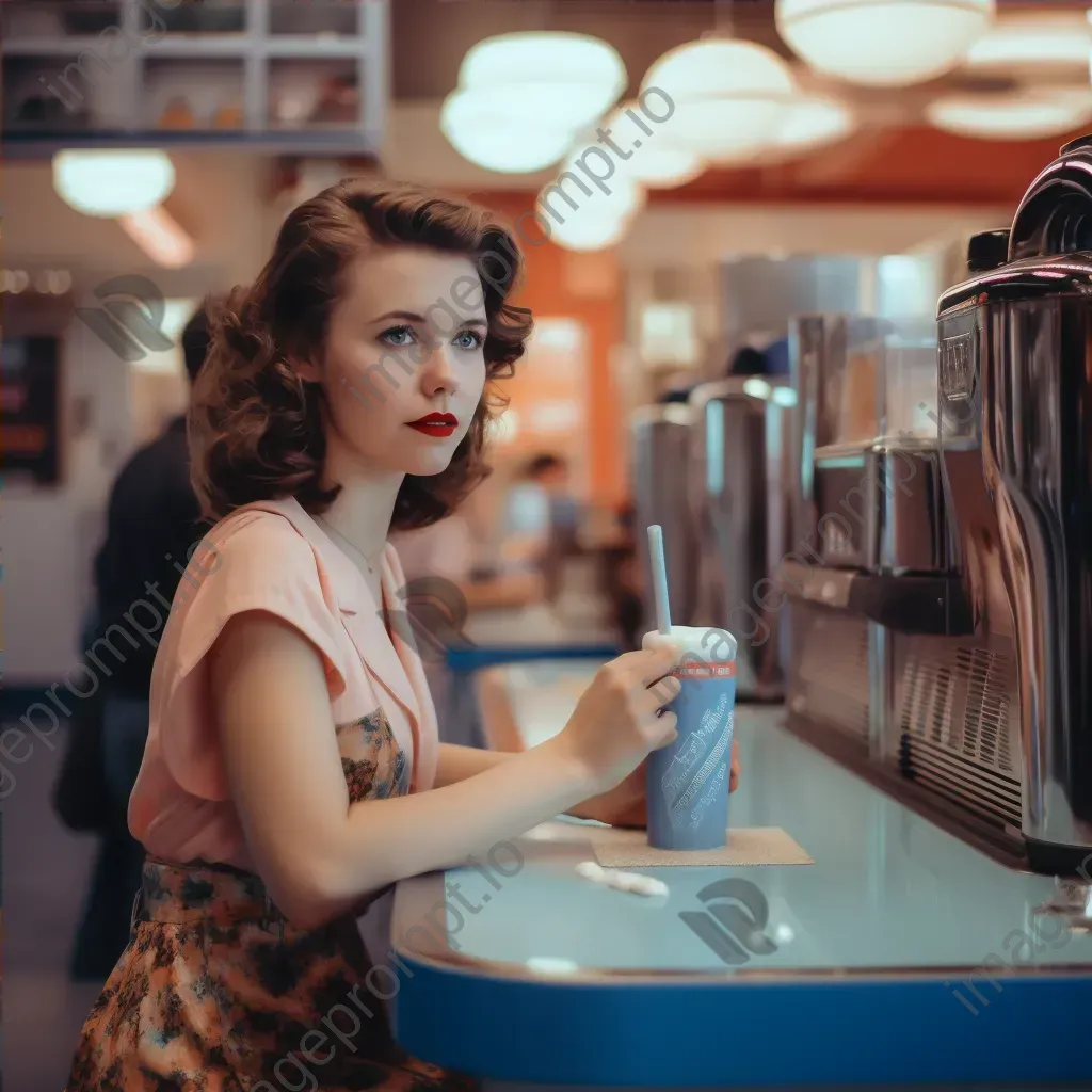 Portrait of a young woman in retro dress at diner counter with milkshake - Image 4