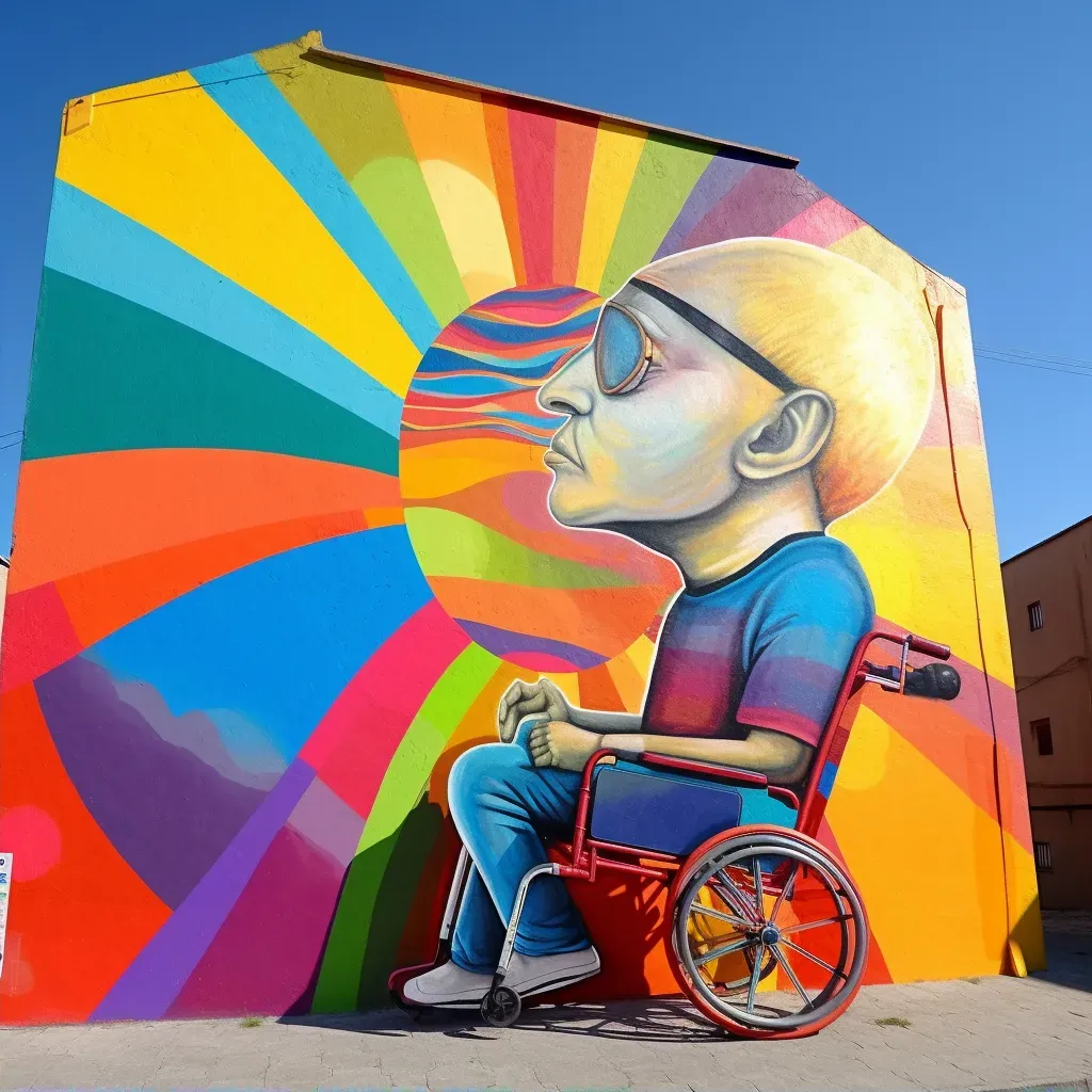 Man in a wheelchair painting a mural on a city wall under the bright sun - Image 2