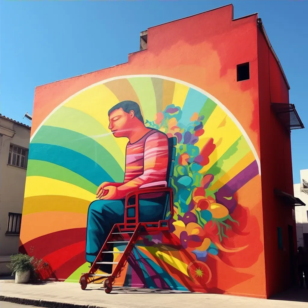 Man in a wheelchair painting a mural on a city wall under the bright sun - Image 4