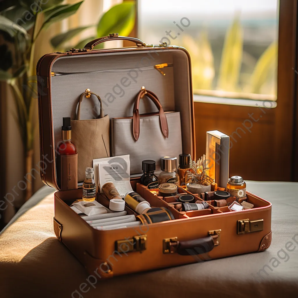 Open suitcase with organized travel items including passport and camera - Image 1