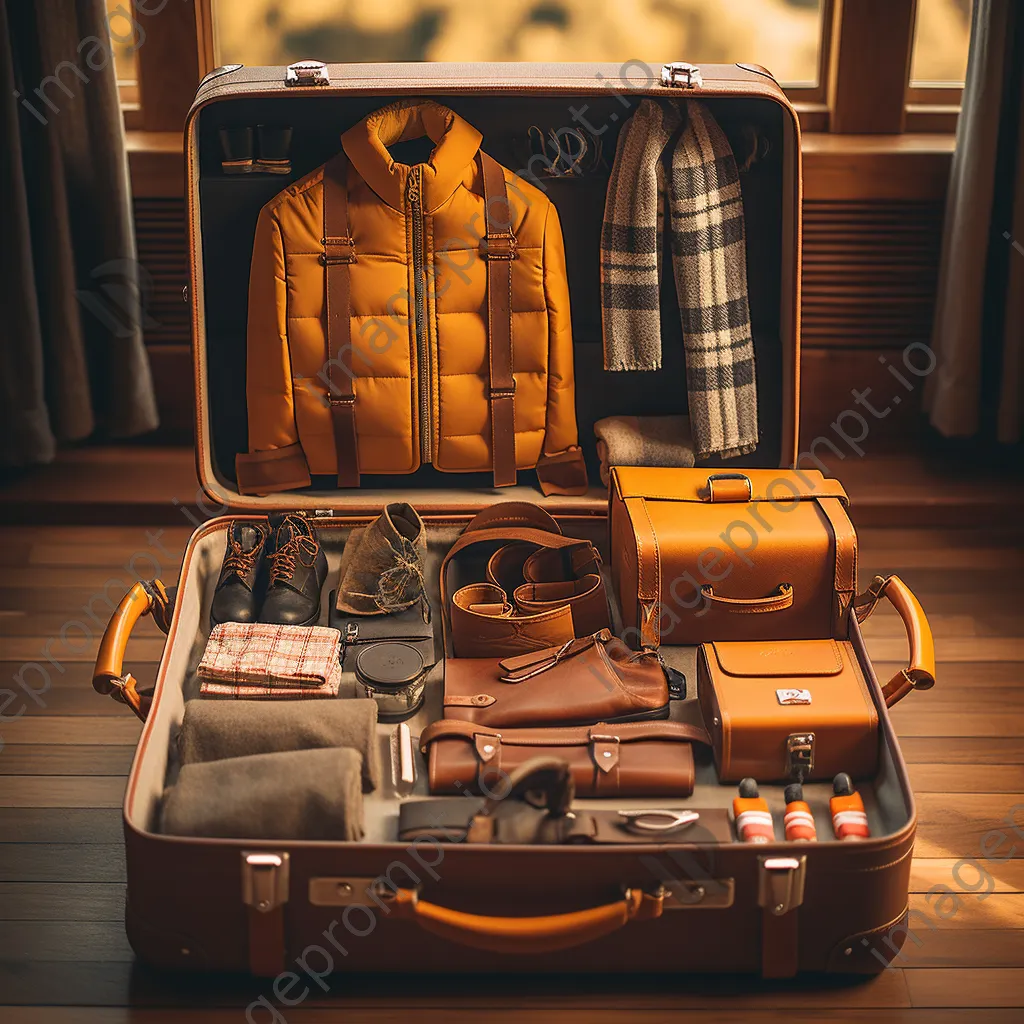 Open suitcase with organized travel items including passport and camera - Image 2