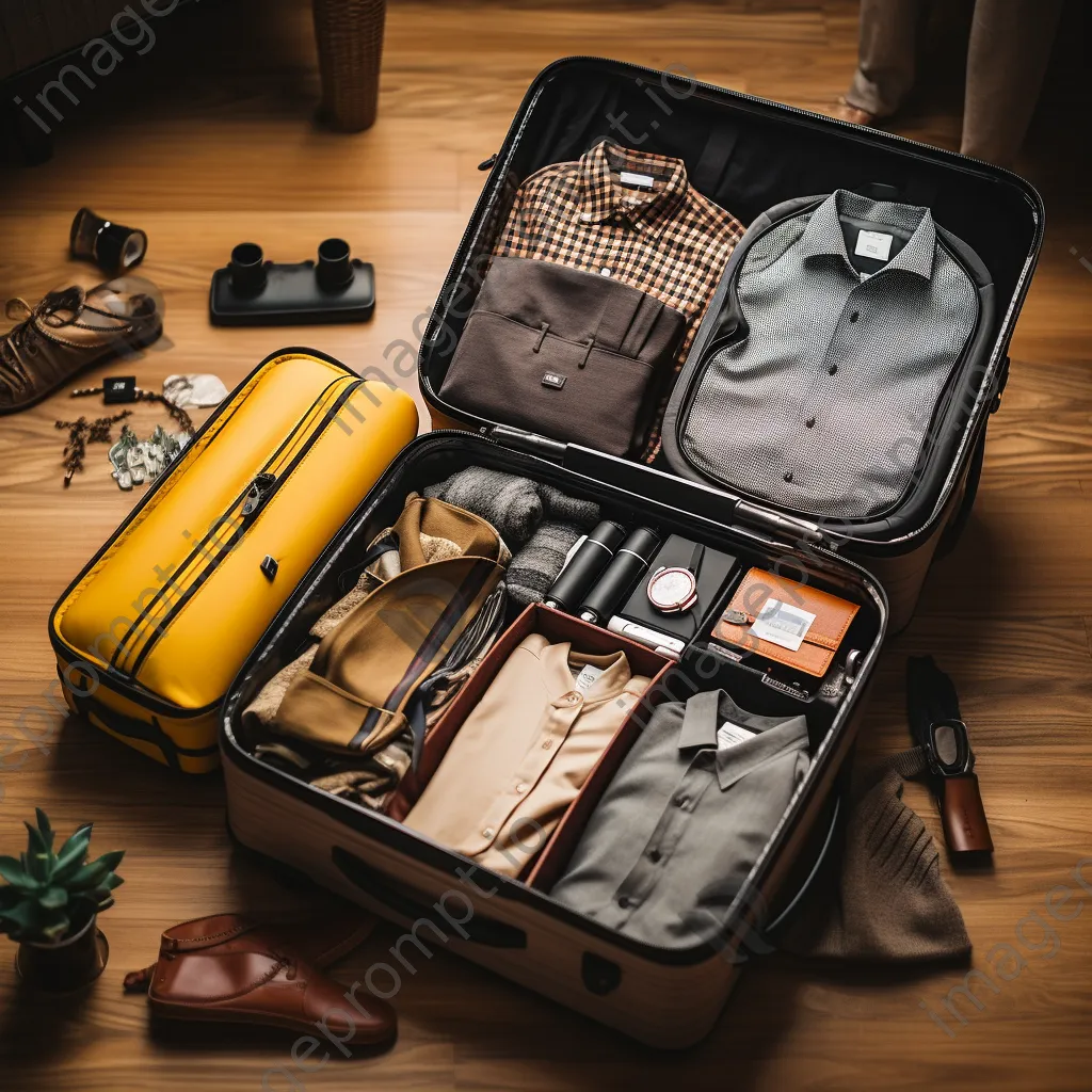 Open suitcase with organized travel items including passport and camera - Image 4