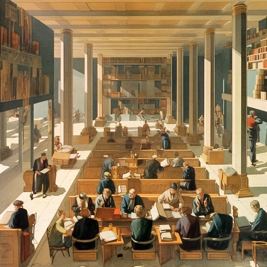 Scholars studying scrolls in the intellectual atmosphere of the Library of Alexandria - Image 1