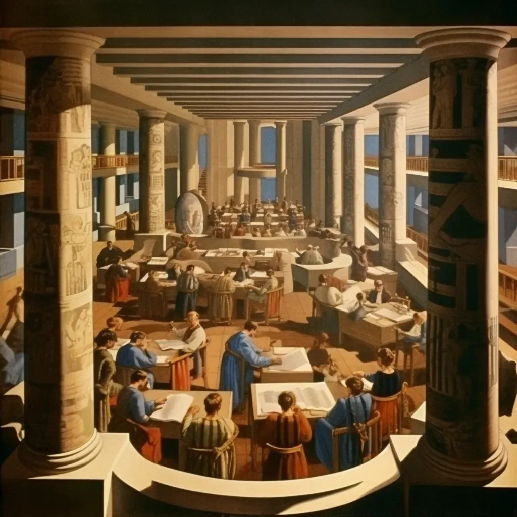 Scholars studying scrolls in the intellectual atmosphere of the Library of Alexandria - Image 2