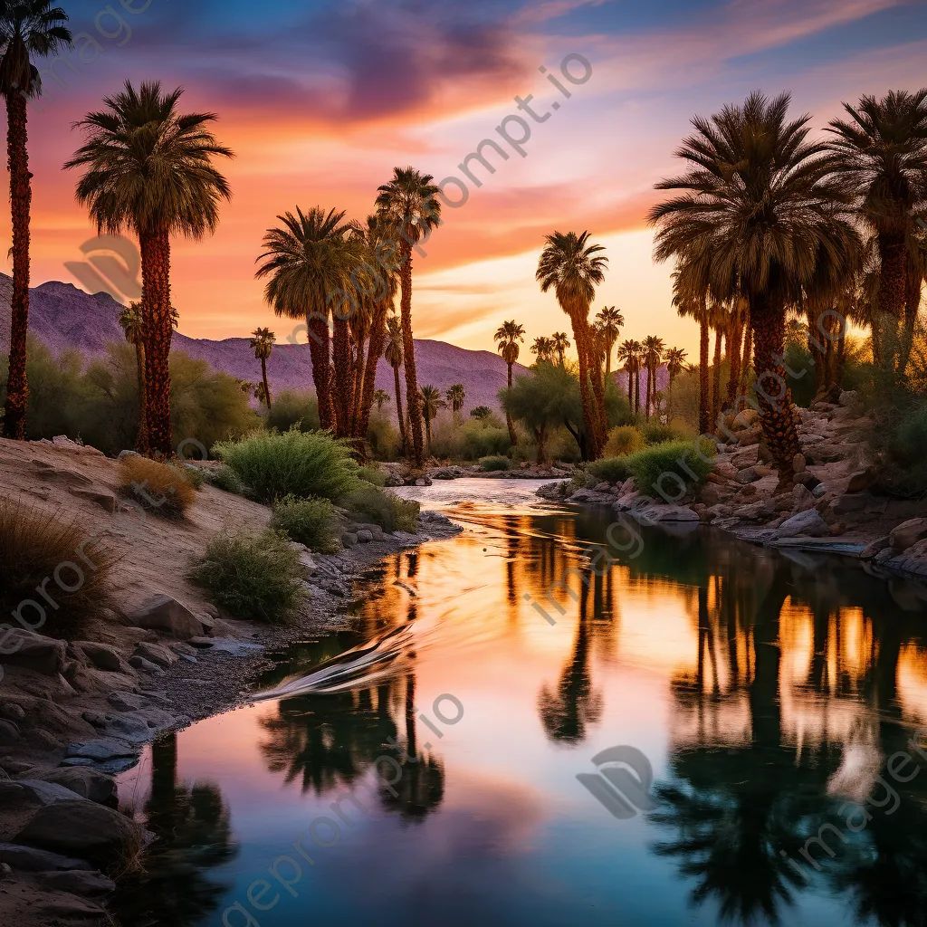 Desert oasis with palm trees and water during sunset - Image 1