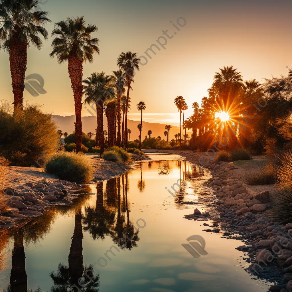 Desert oasis with palm trees and water during sunset - Image 2