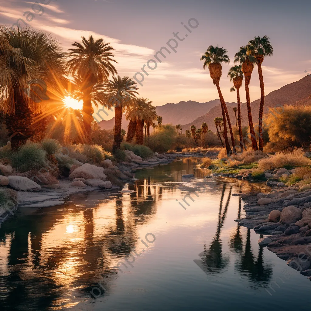 Desert oasis with palm trees and water during sunset - Image 3