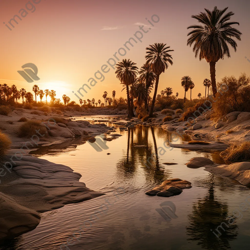 Desert oasis with palm trees and water during sunset - Image 4