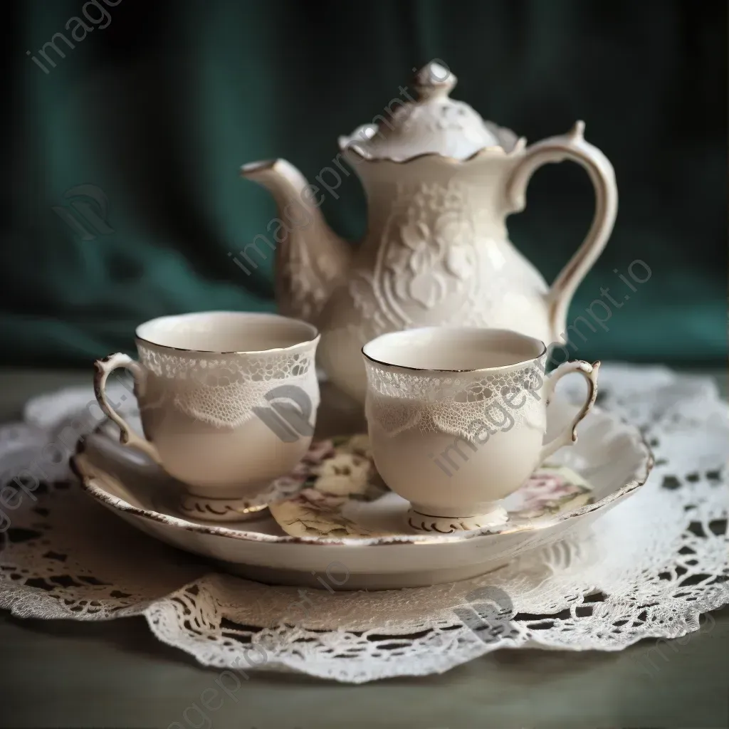 Antique tea set on lace doily - Image 1