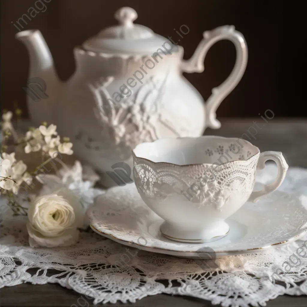 Antique tea set on lace doily - Image 2