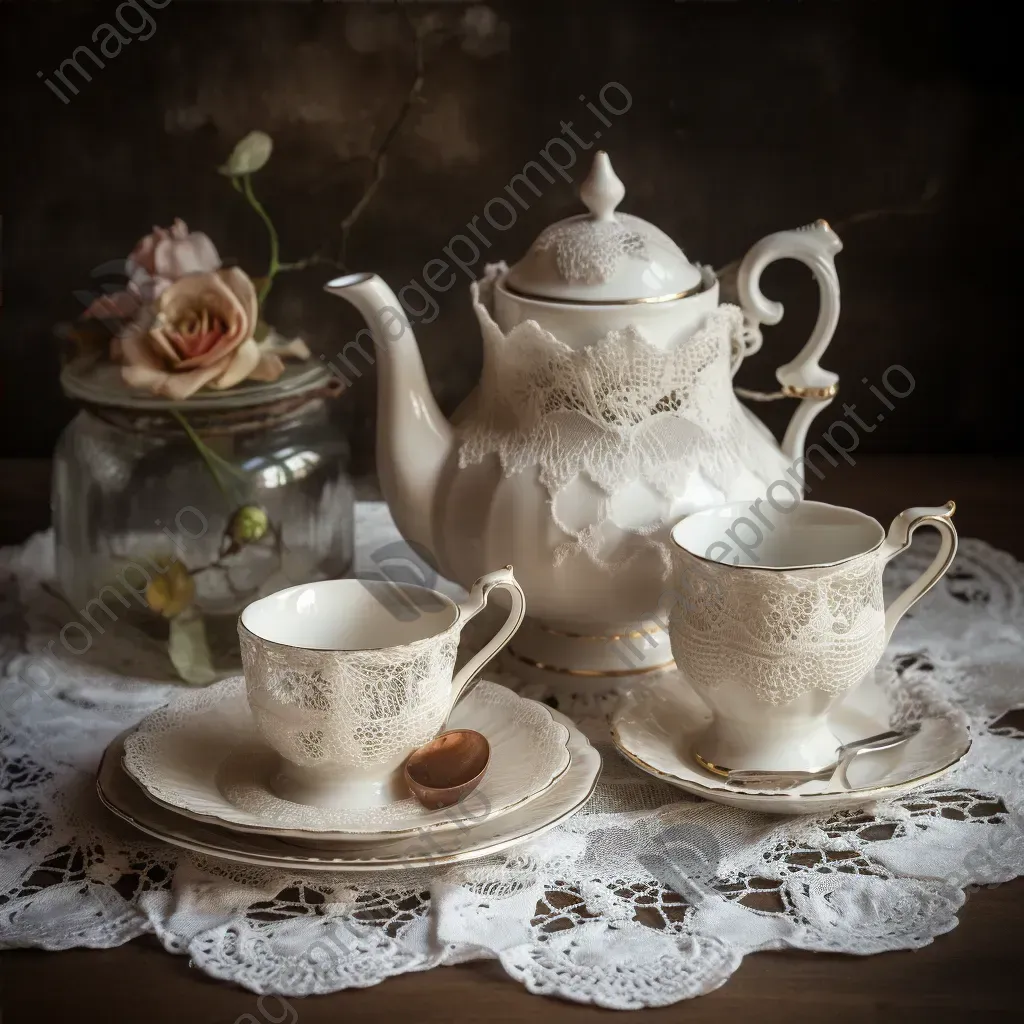 Antique tea set on lace doily - Image 4