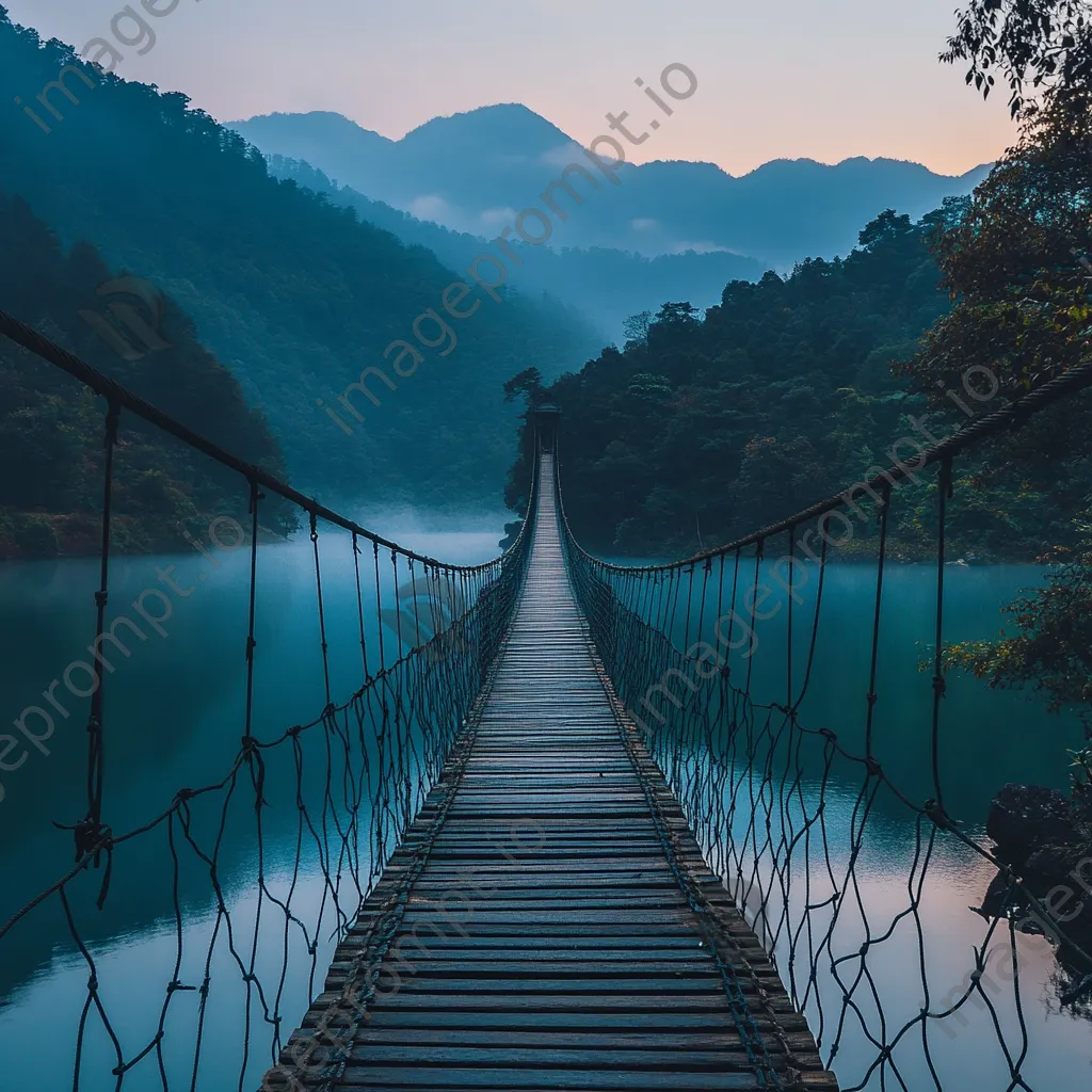 Rope bridge over a serene lake with mountains - Image 1