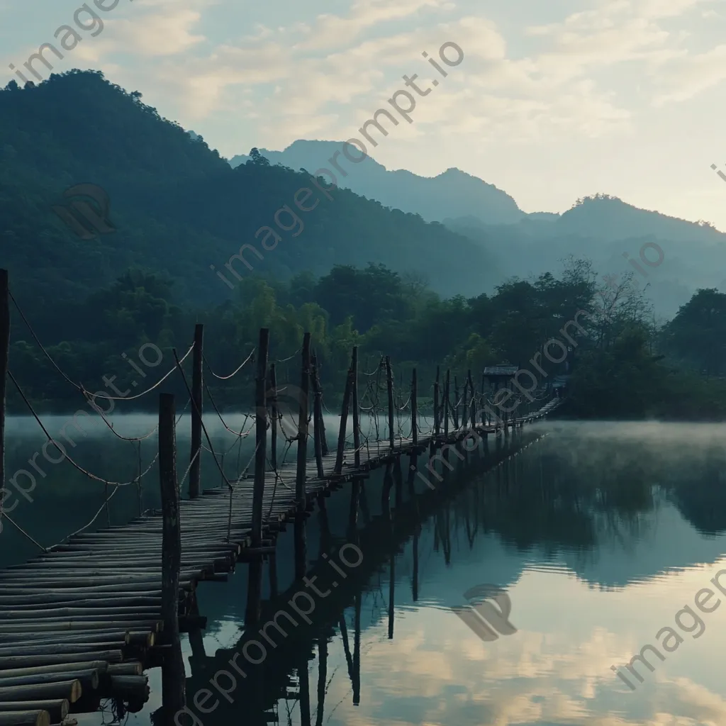 Rope bridge over a serene lake with mountains - Image 2