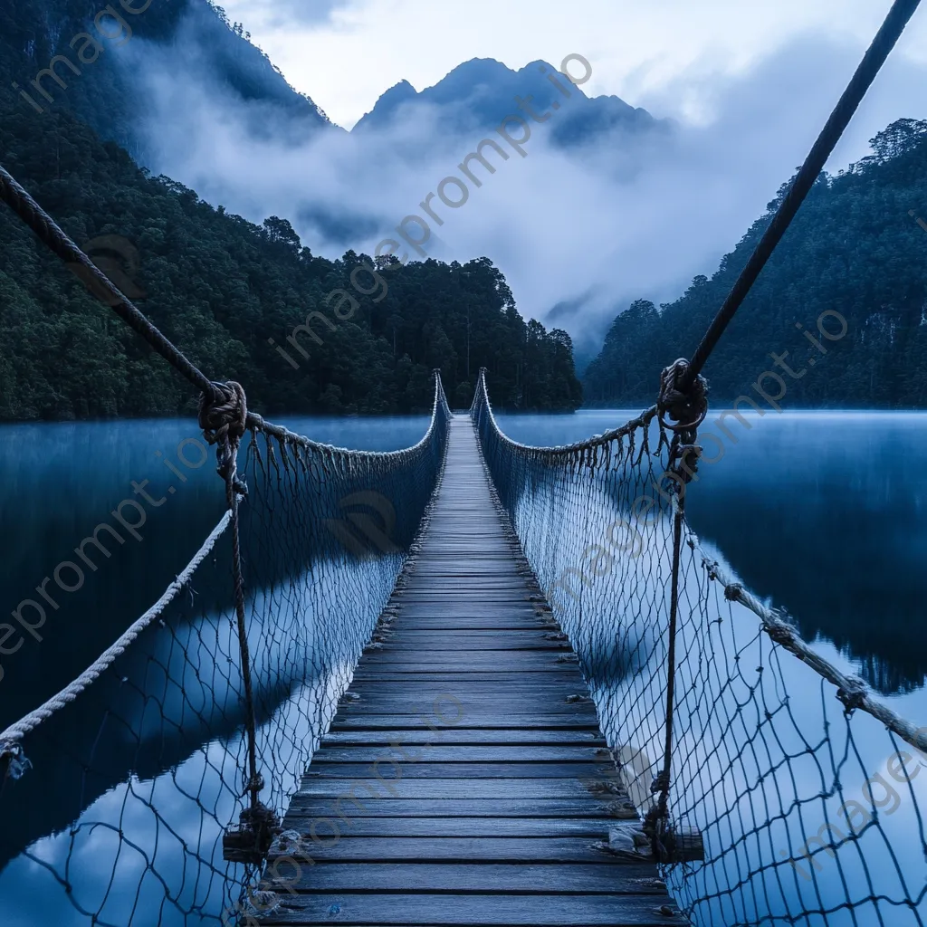 Rope bridge over a serene lake with mountains - Image 3