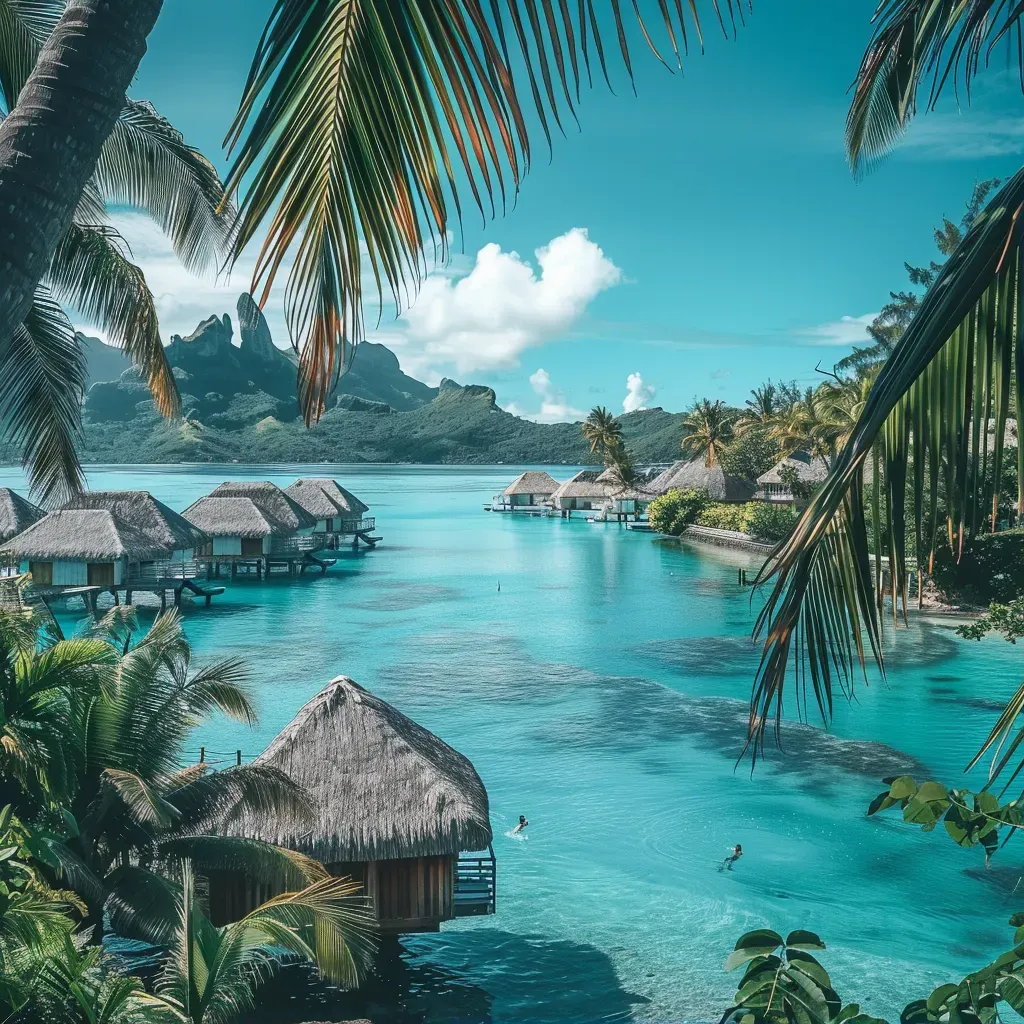 Bora Bora turquoise lagoon with overwater bungalows and palm trees - Image 1