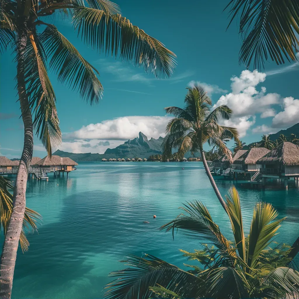 Bora Bora turquoise lagoon with overwater bungalows and palm trees - Image 2