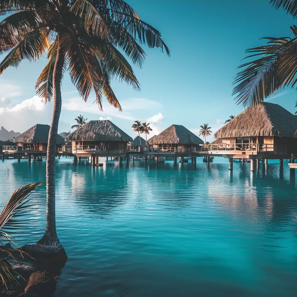 Bora Bora turquoise lagoon with overwater bungalows and palm trees - Image 3