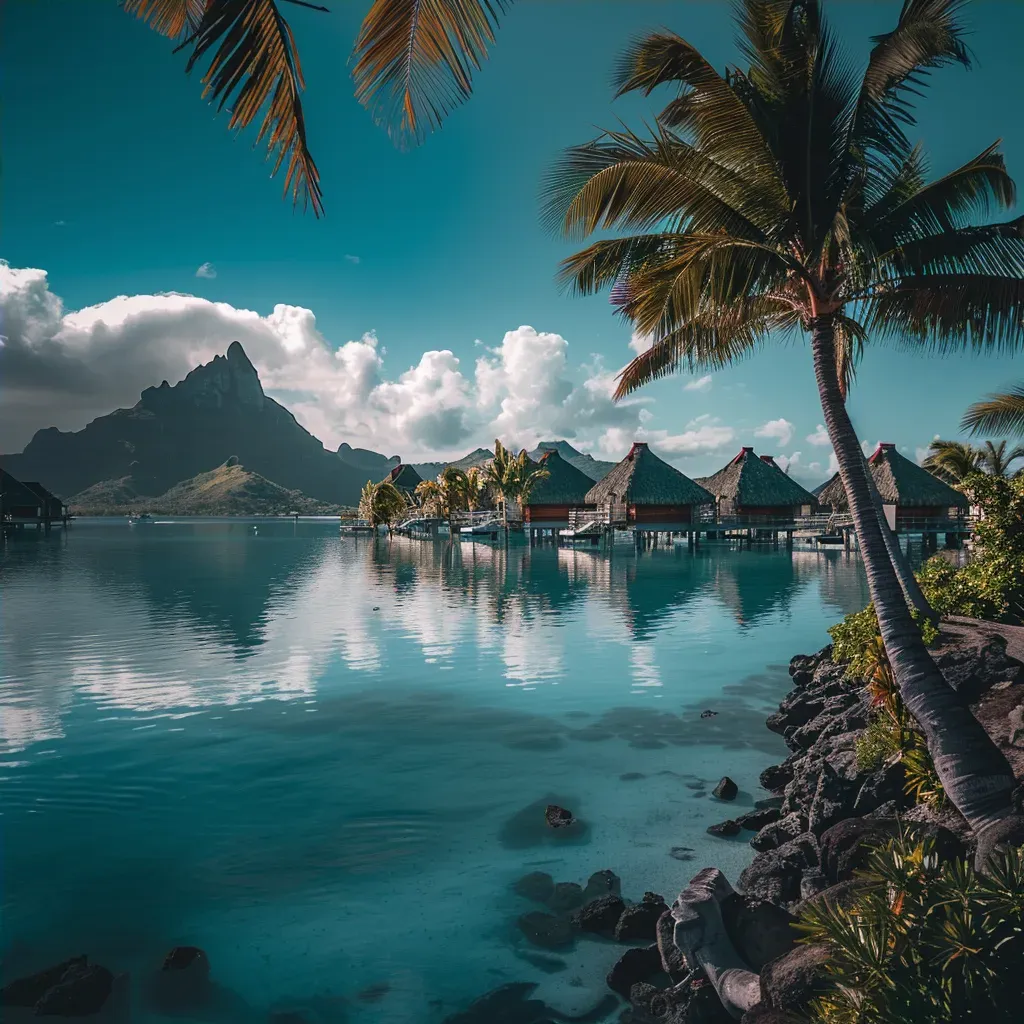 Bora Bora turquoise lagoon with overwater bungalows and palm trees - Image 4