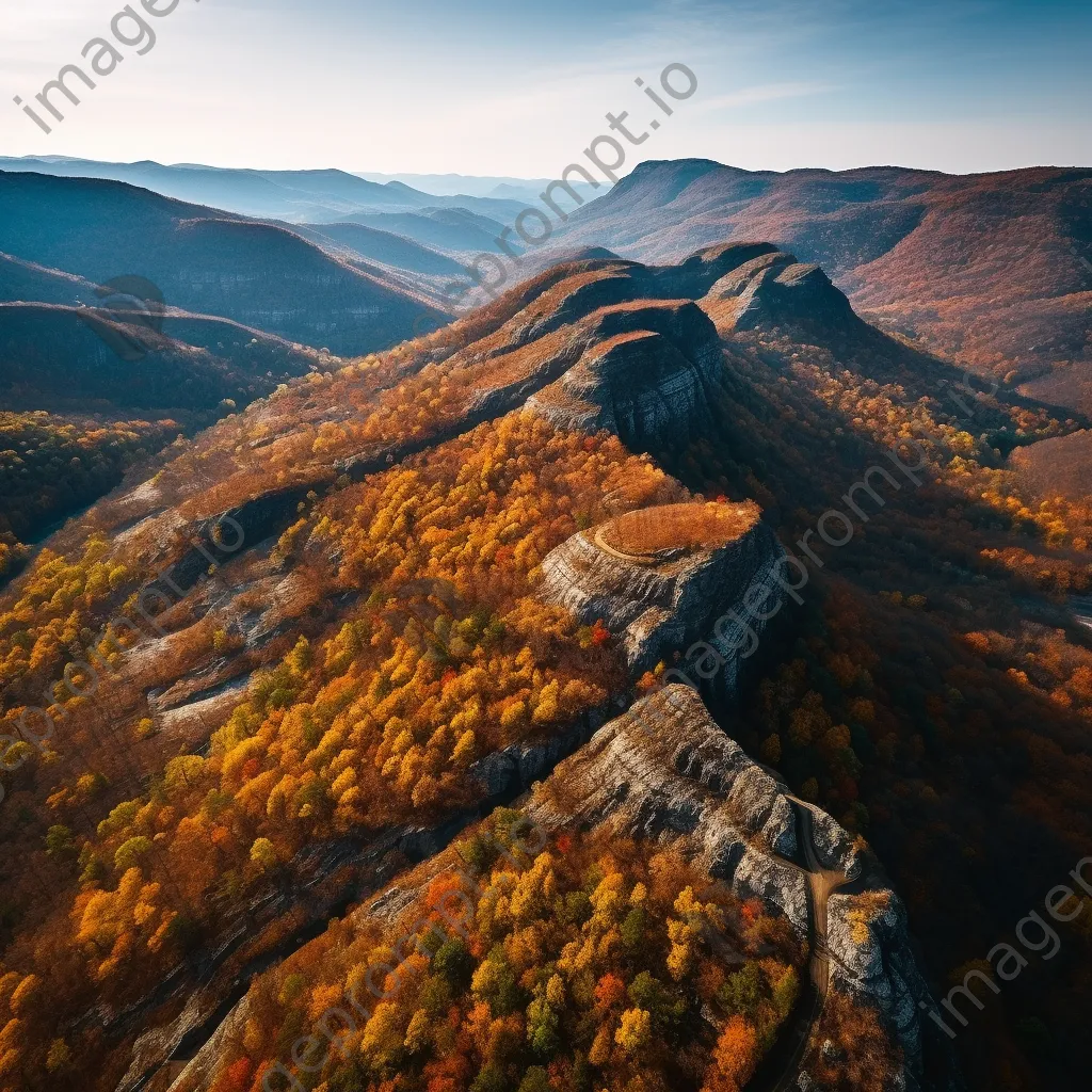 Aerial view of a mountain ridge surrounded by autumn foliage - Image 1