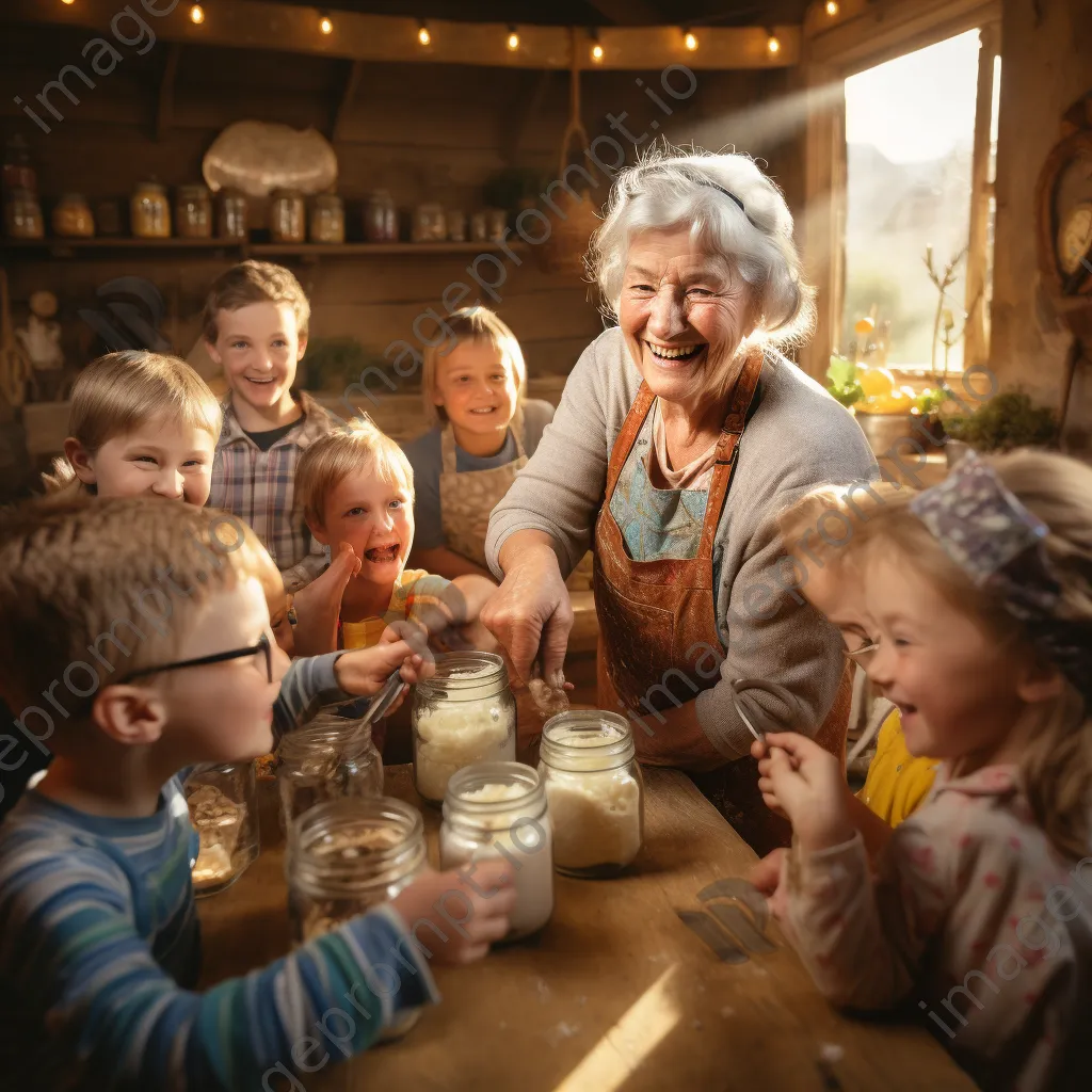 Elderly woman demonstrating butter making to children in a rustic kitchen environment - Image 1