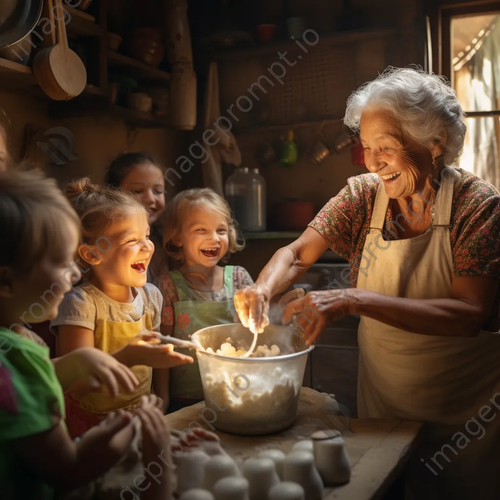 Elderly woman demonstrating butter making to children in a rustic kitchen environment - Image 2