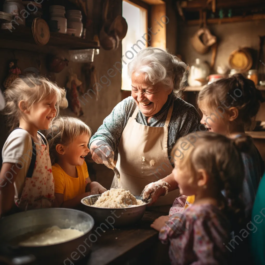 Elderly woman demonstrating butter making to children in a rustic kitchen environment - Image 4