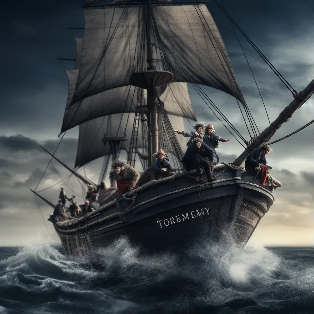 Image of a daring pirate ship on tumultuous seas with crew preparing for battle - Image 1