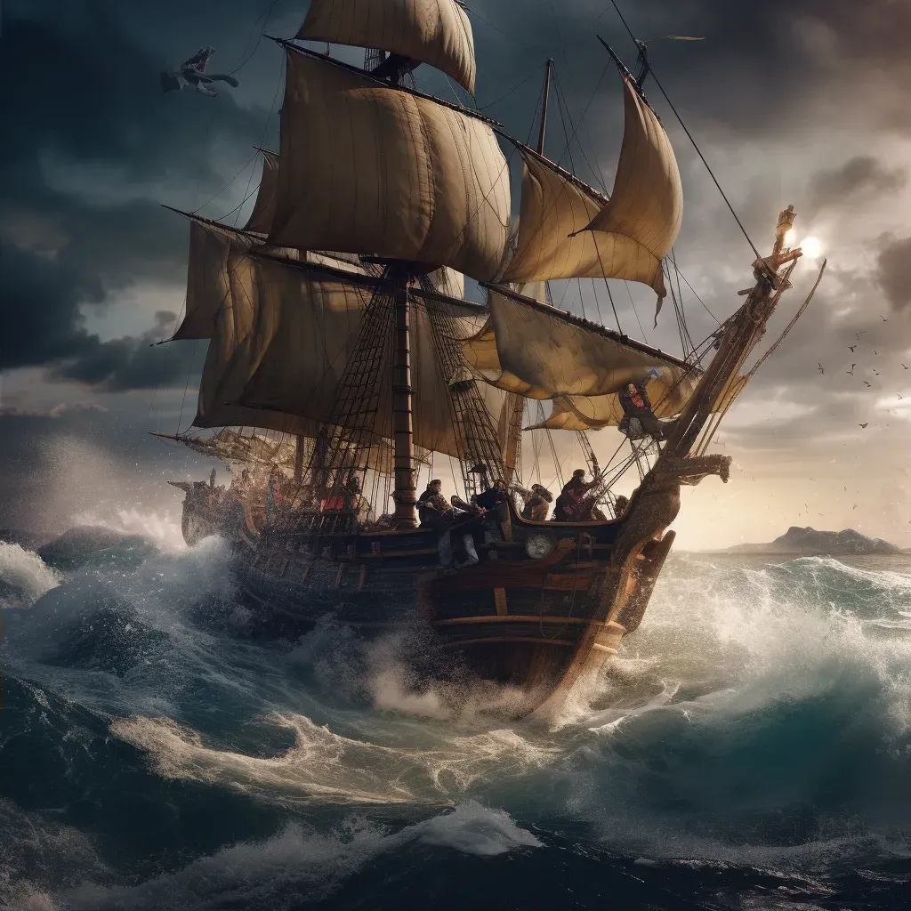 Image of a daring pirate ship on tumultuous seas with crew preparing for battle - Image 2