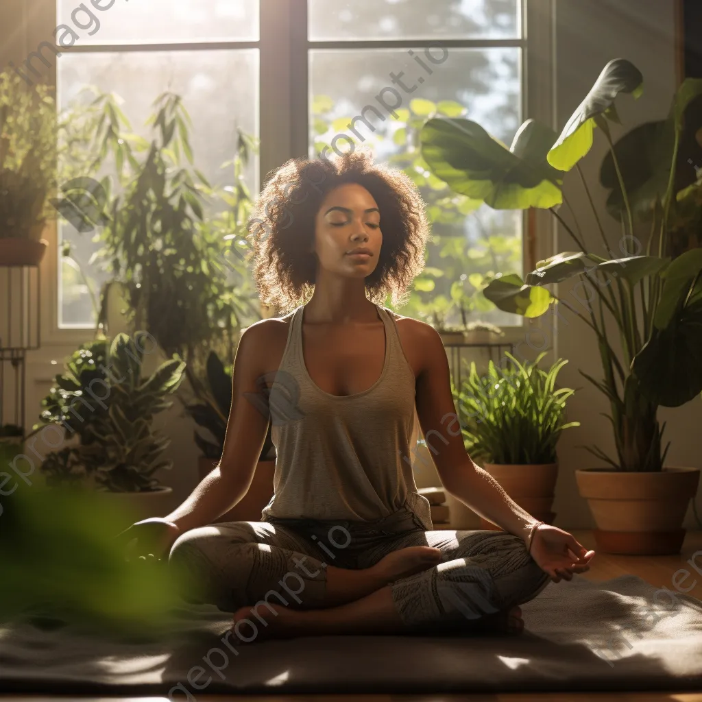 Young woman practicing yoga in a sunlit room with plants - Image 1