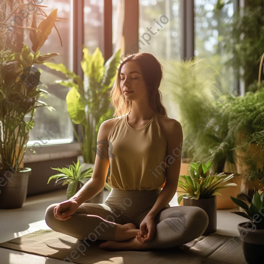 Young woman practicing yoga in a sunlit room with plants - Image 2