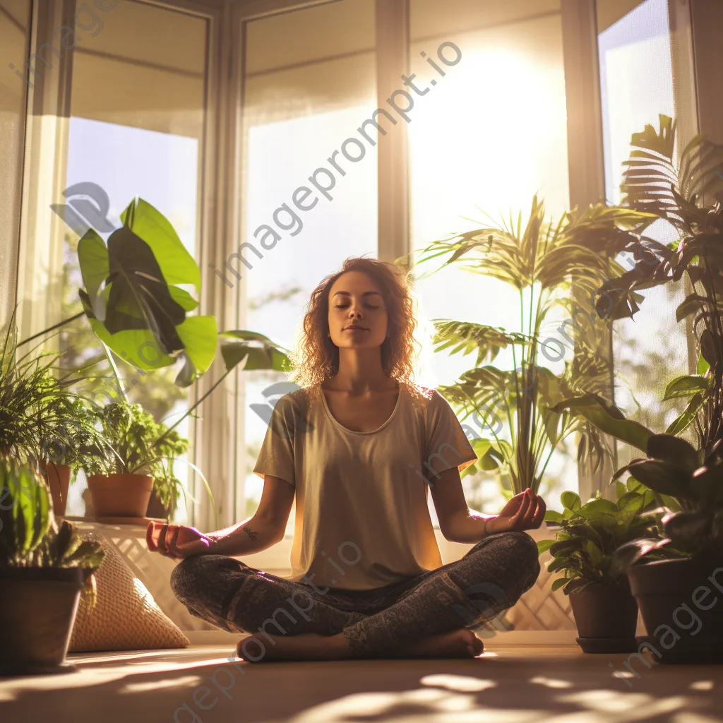 Young woman practicing yoga in a sunlit room with plants - Image 4