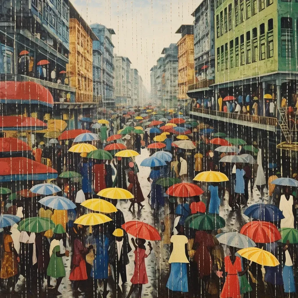 Rain shower over city street with bustling pedestrians - Image 1