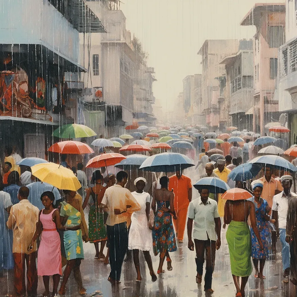 Rain shower over city street with bustling pedestrians - Image 2