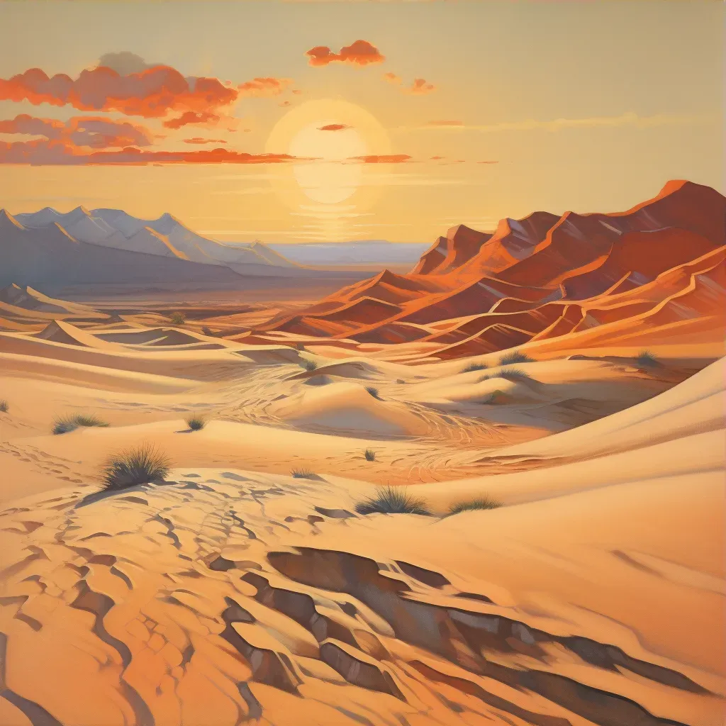 Image of an undulating desert at sunset with towering sand dunes casting long shadows - Image 3